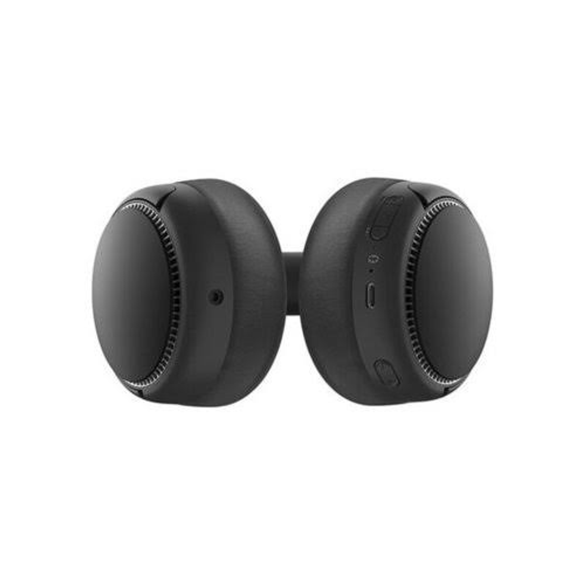 Auriculares negros, vista lateral. Dos auriculares, botones visibles. Fondo blanco.