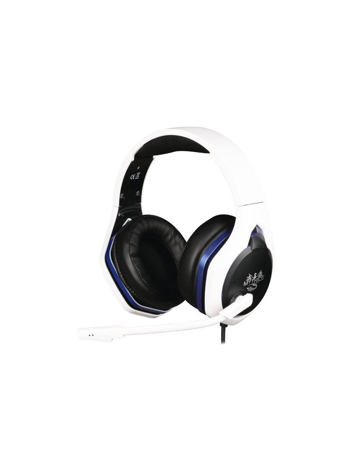 Weißes und blaues Gaming-Headset mit Mikrofon, auf weißem Hintergrund.