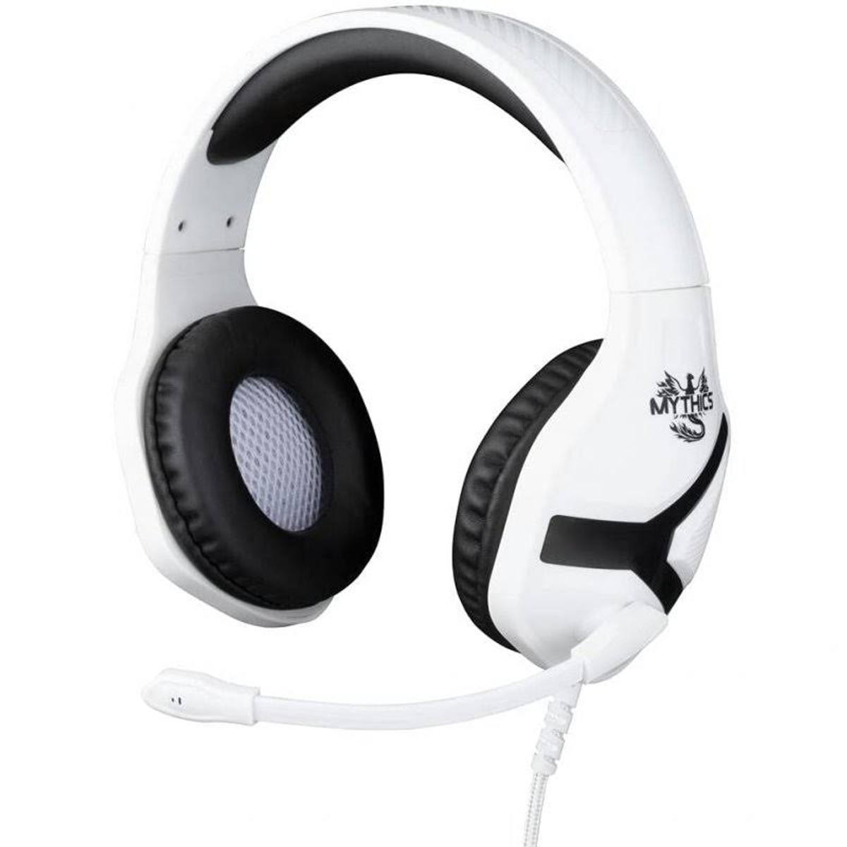 Weißes Gaming-Headset mit schwarzen Ohrmuscheln und Mikrofon.