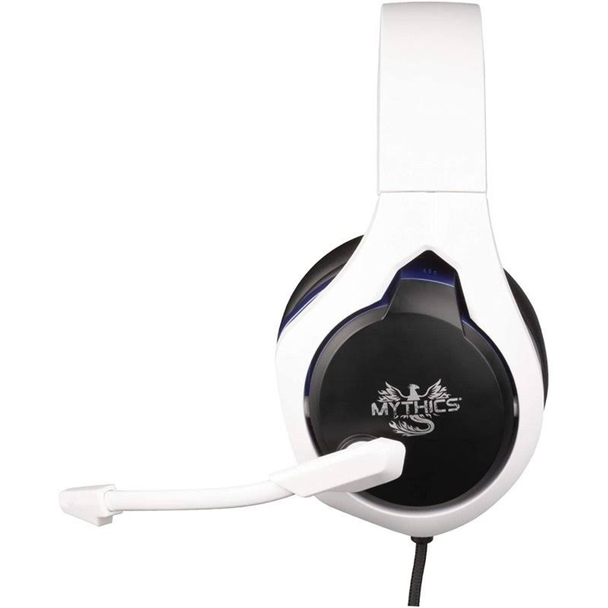 Weißes und schwarzes Gaming-Headset mit Mikrofon. Das Logo ist an der Seite sichtbar.
