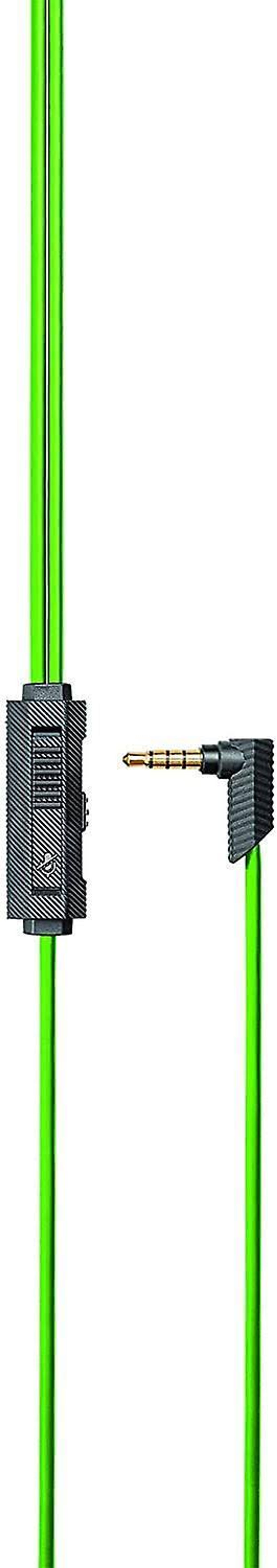 Zielony kabel audio z modułem sterującym i jack 3,5 mm, złączem kątowym.