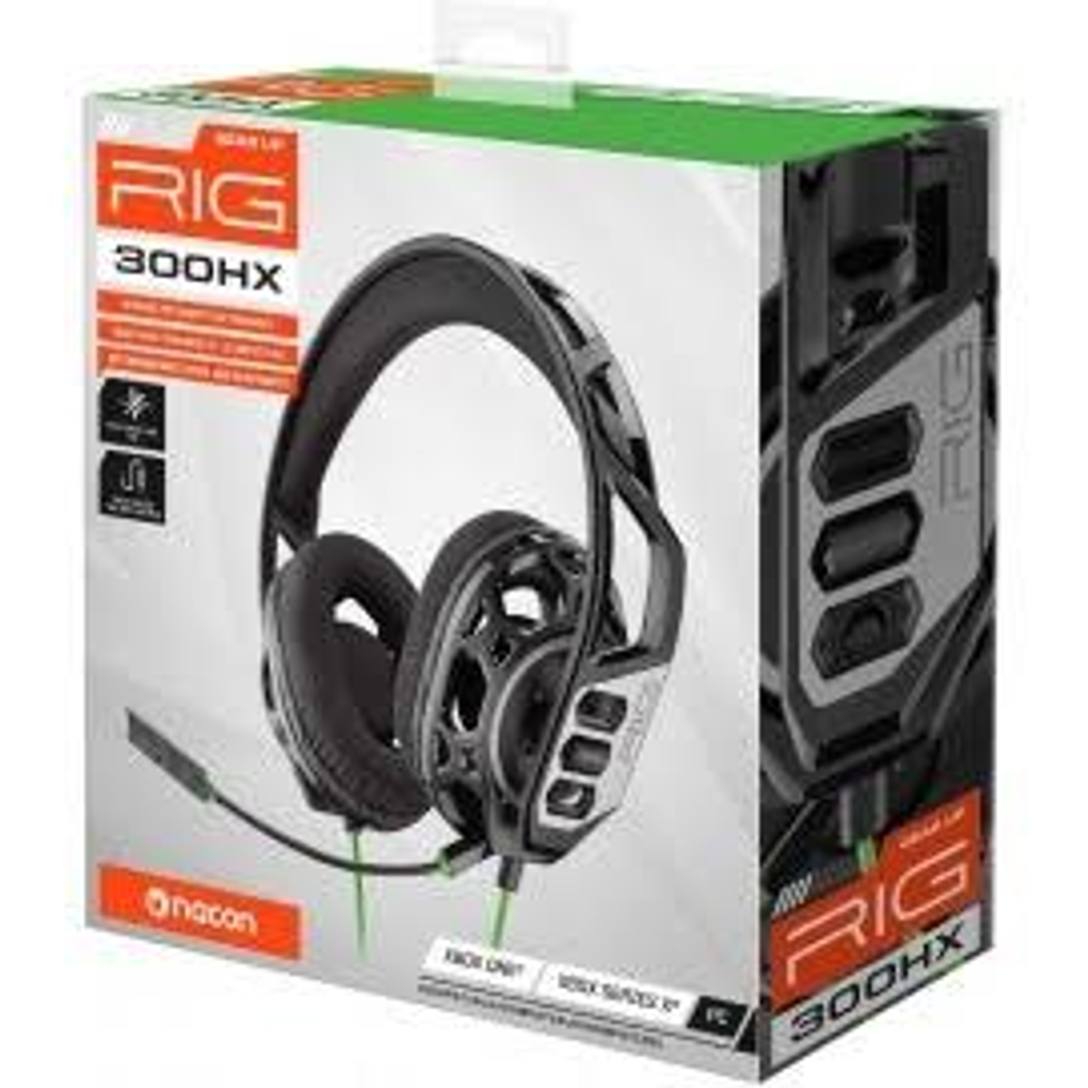 Słuchawki w pudełku. Czarny i szary design z zielonymi akcentami. Białe tło.