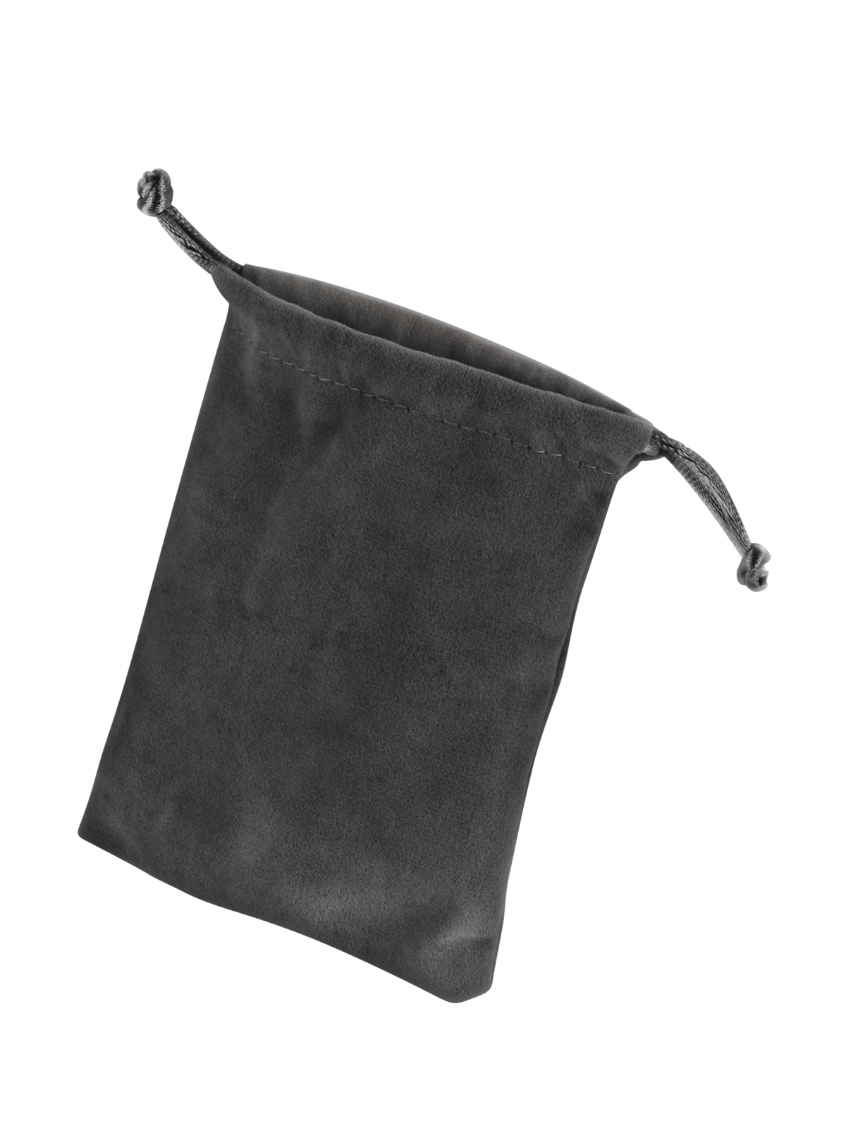 Borsa grigia con coulisse, aperta. Cordino legato in alto. Sfondo bianco.