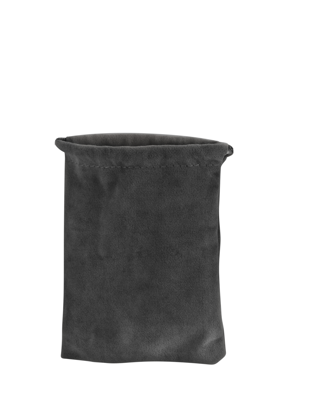 Borsa grigia in velluto con coulisse. La borsa è liscia e si erge su sfondo bianco.