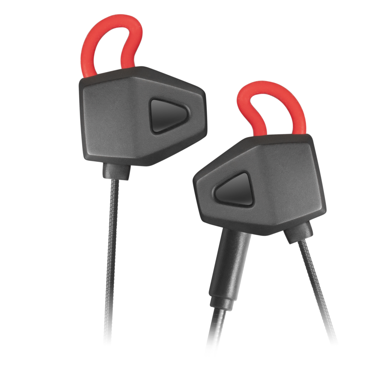 Due auricolari neri con ganci auricolari rossi. Uno ha un cavo e l'altro un microfono.