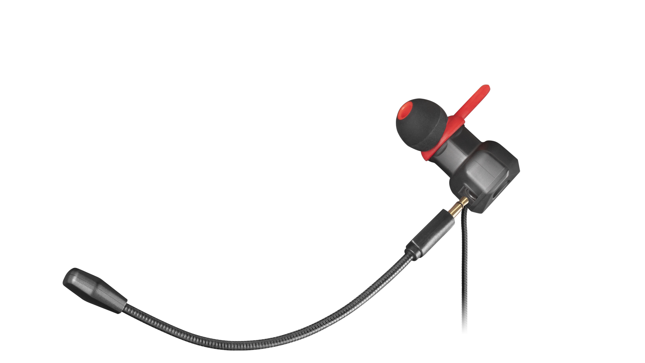 Cuffie in-ear nere e rosse con microfono. Isolato su sfondo bianco.
