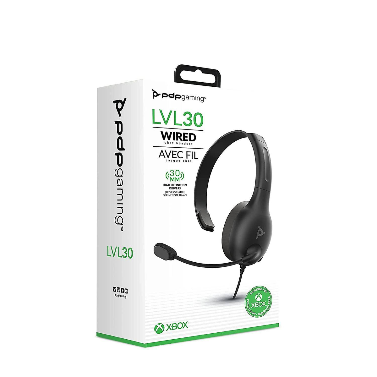Cuffie cablate nere con microfono in una scatola. La scatola ha i loghi PDP Gaming e Xbox.