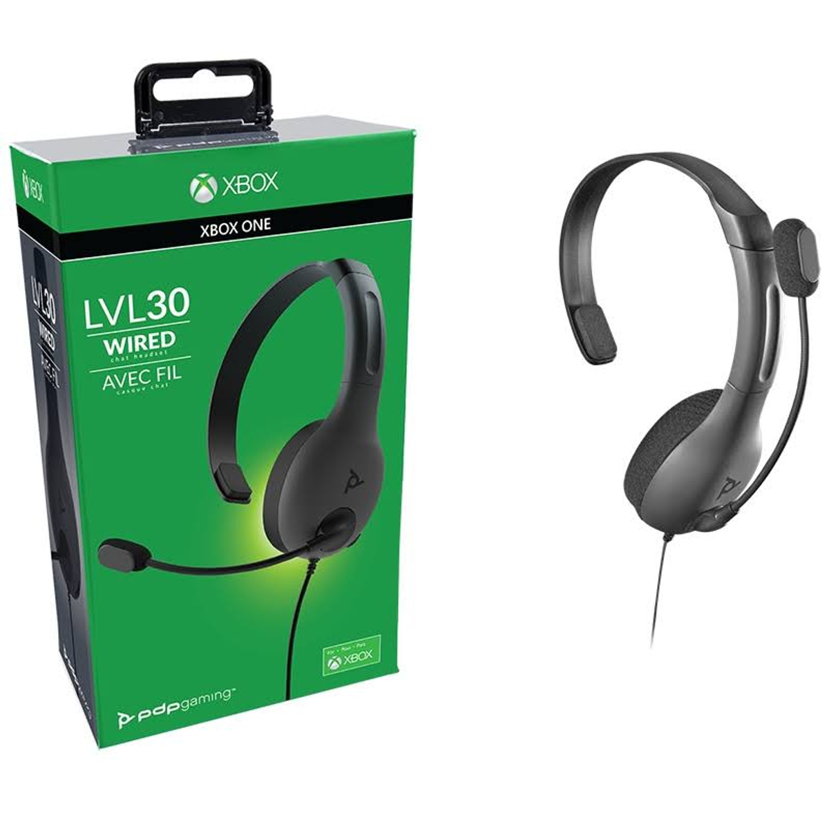 Cuffie Xbox in una scatola. Cuffie sul lato destro.