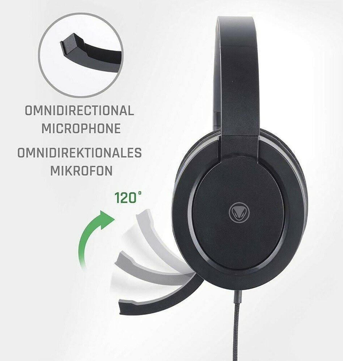 Casque noir avec microphone omnidirectionnel et une flèche à 120 degrés.