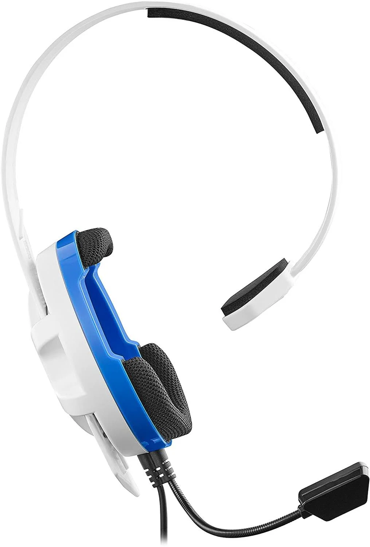 Cuffie da gioco bianche e blu con microfono, su sfondo bianco.