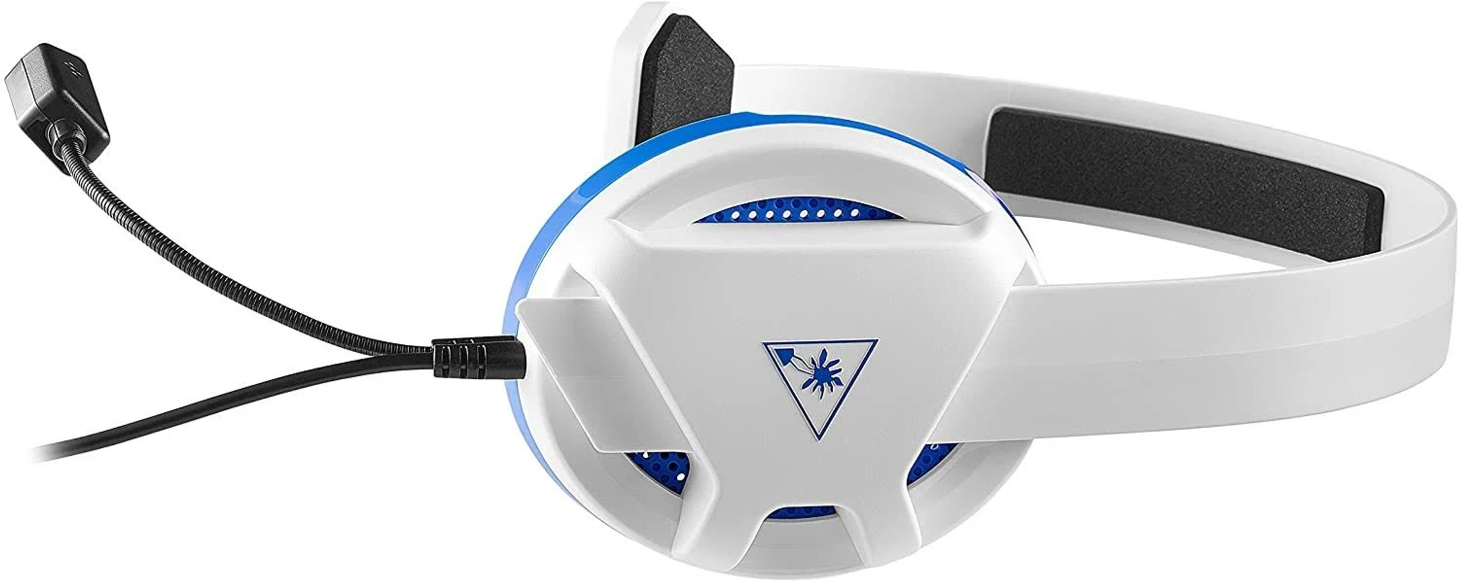 Cuffie da gioco bianche e blu con microfono collegato. Vista ravvicinata. Archetto bianco.