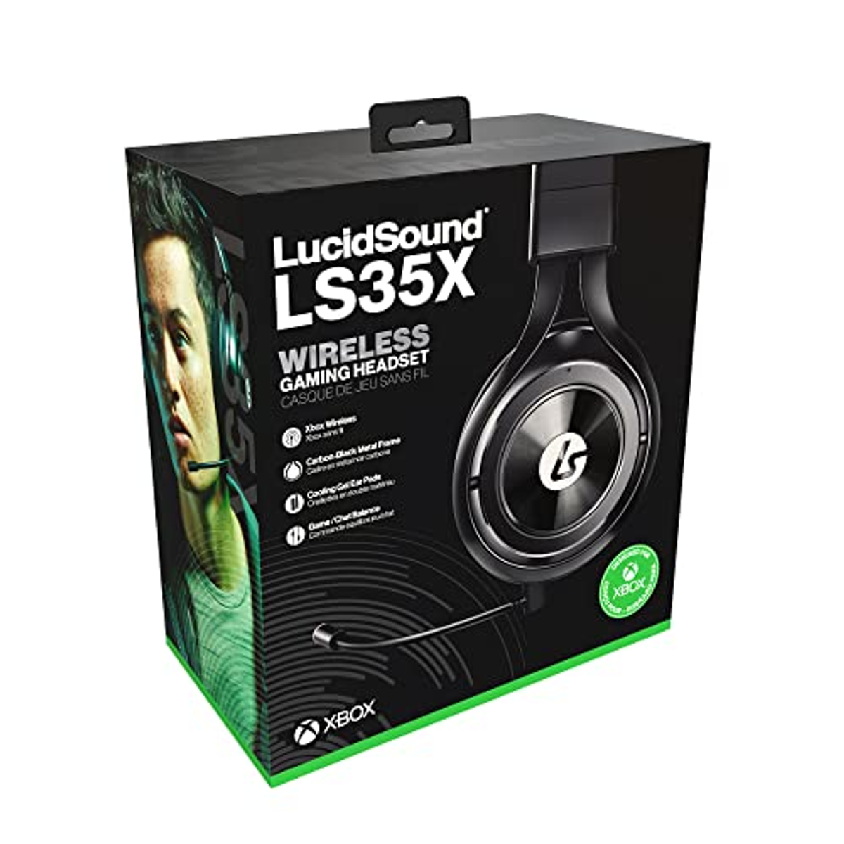 Eine Box für ein kabelloses Gaming-Headset LucidSound LS35X mit einem Männergesicht und dem Headset.