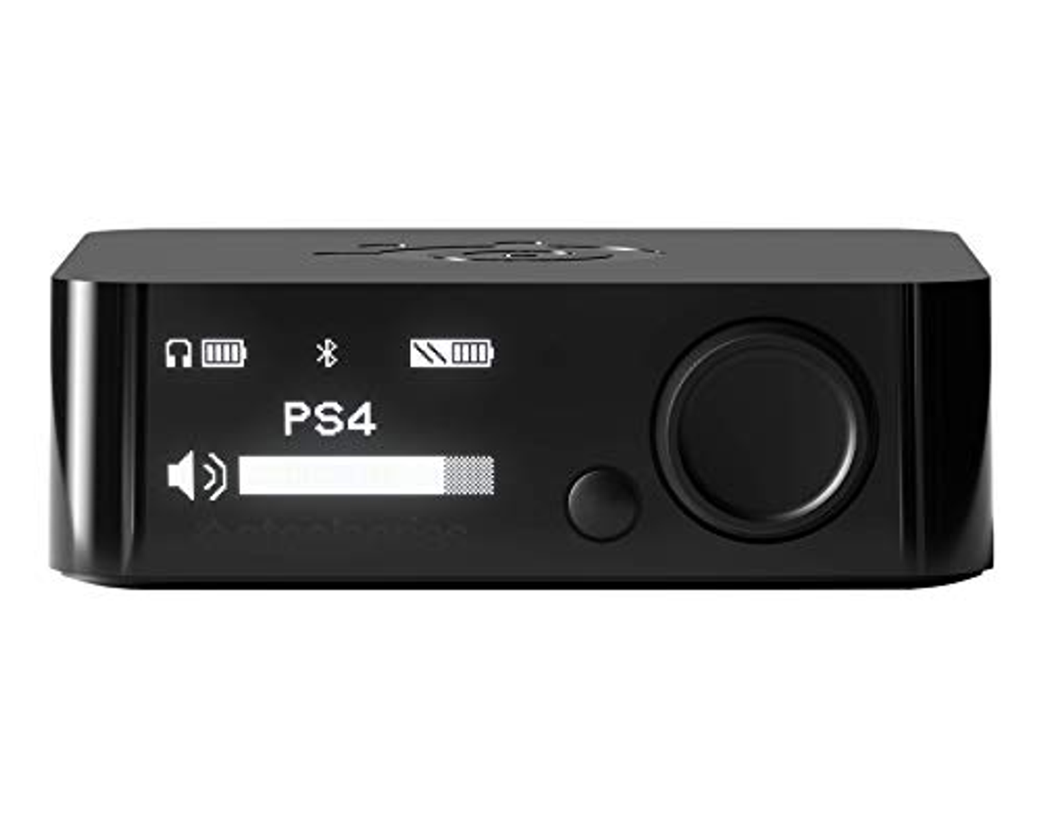 Dispositivo negro con pantalla que muestra PS4 y nivel de sonido. Tiene botones y conector para auriculares.