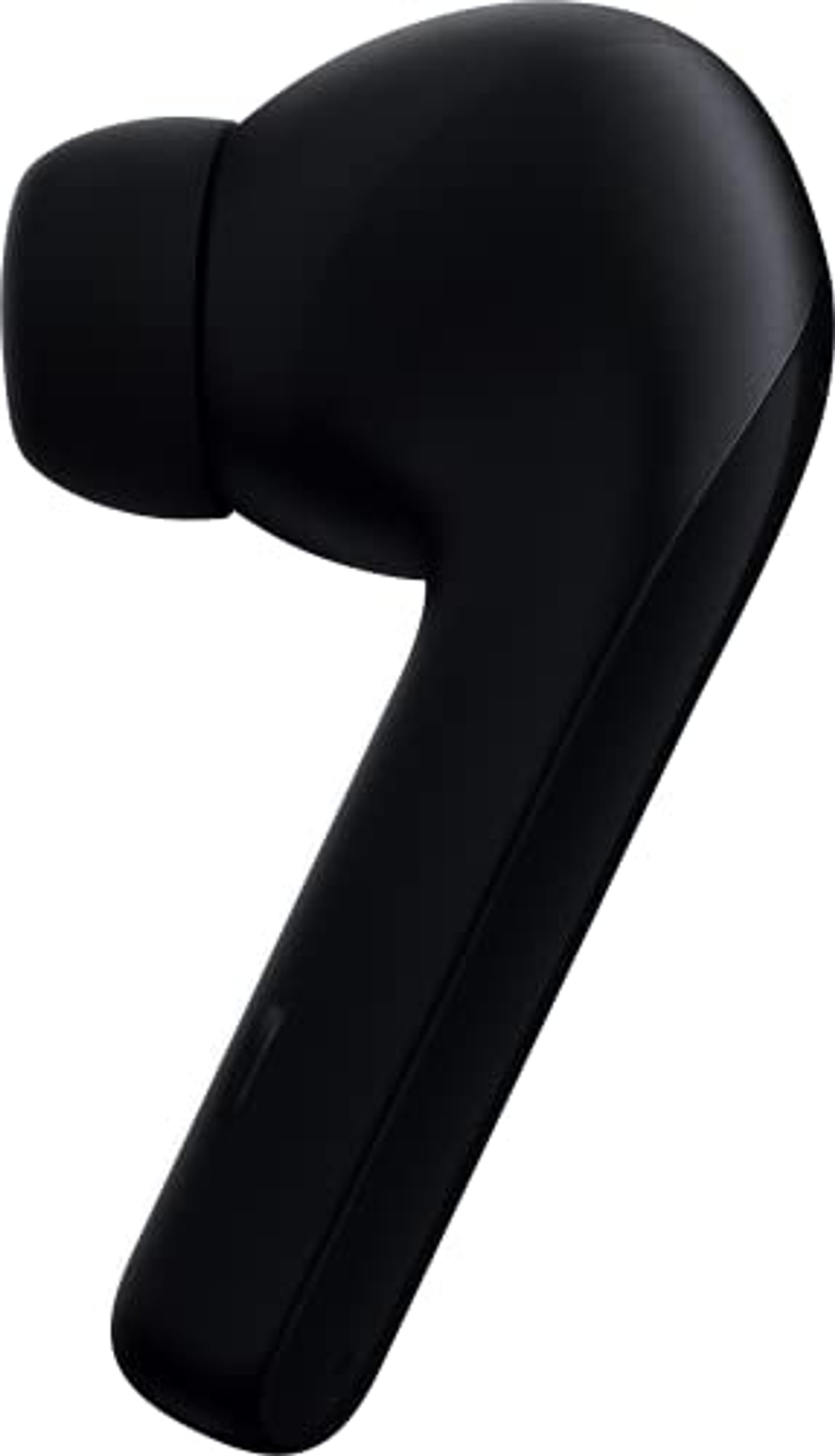 Primer plano de un auricular inalámbrico negro, mostrando la parte que va en el oído.