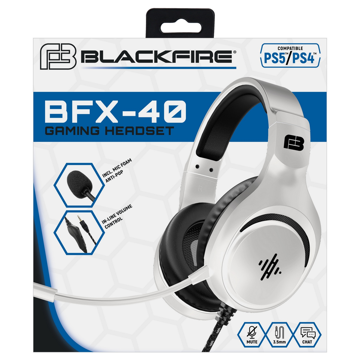 Cuffie da gioco bianche con microfono e controllo del volume in linea su una scatola.