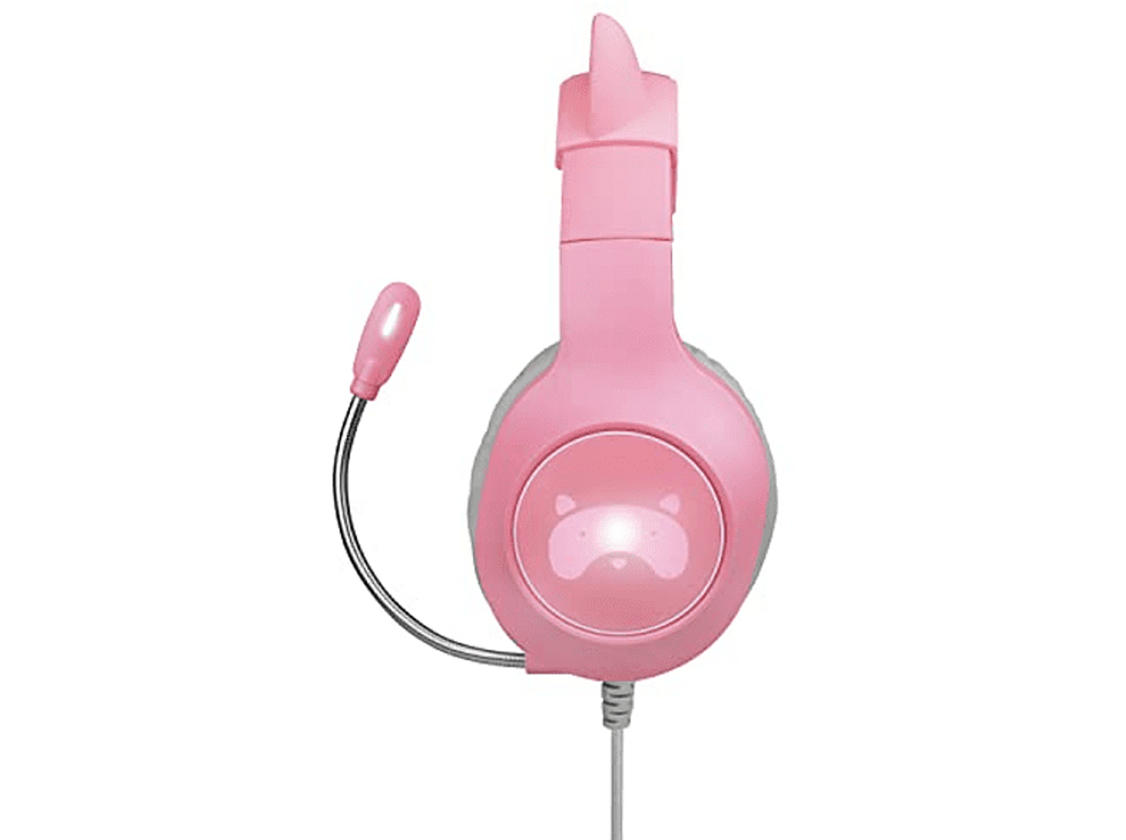 Różowe słuchawki z mikrofonem. Na słuchawkach widnieje twarz z kreskówki. Przewód i tło są czarne.