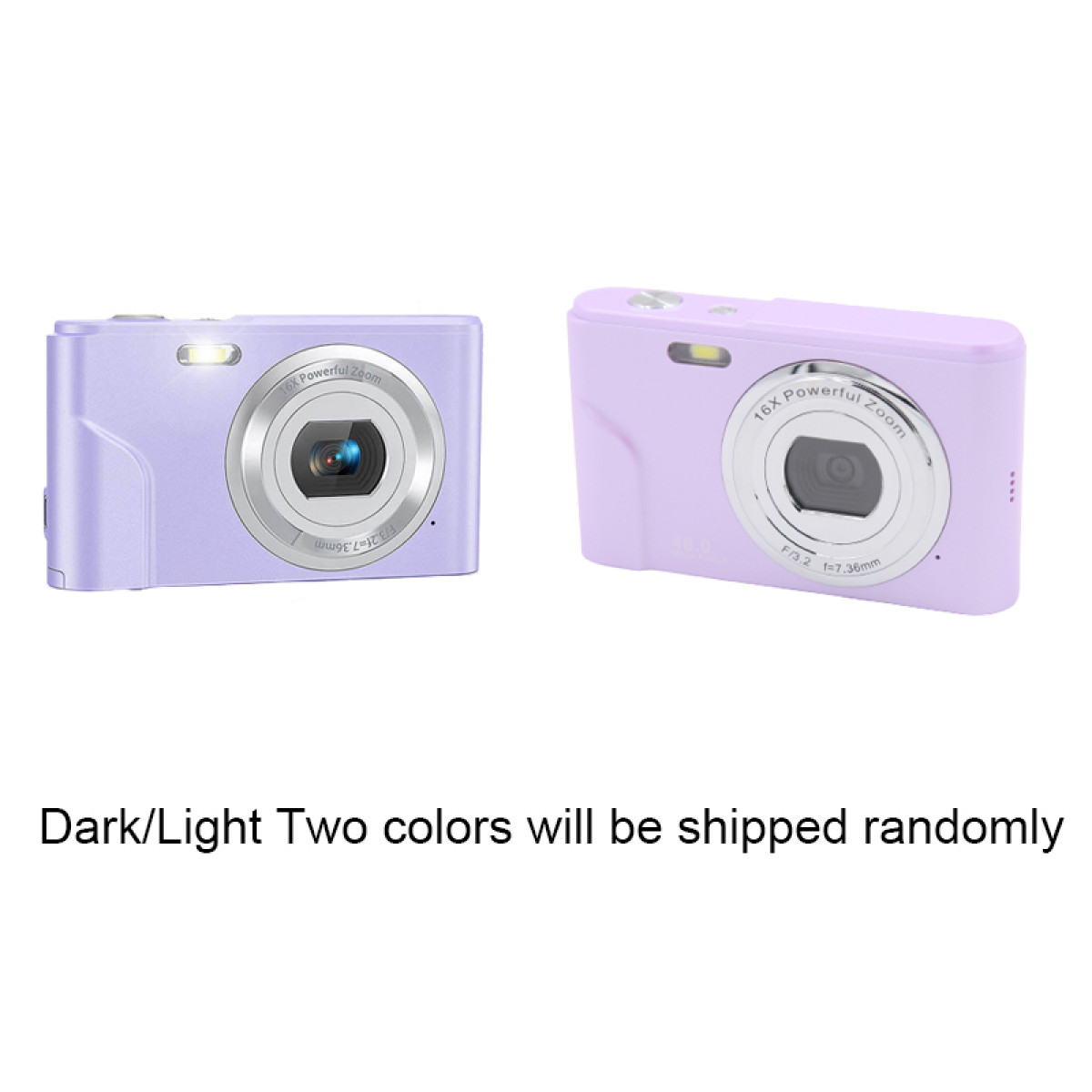 Dwa lawendowe aparaty cyfrowe, pokazujące obiektywy i przyciski, oraz tekst poniżej.