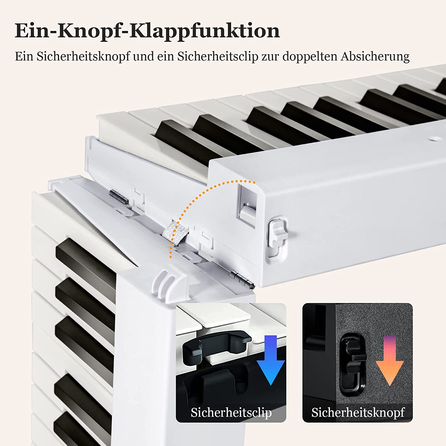 Klaviatur mit schwarzen und weißen Tasten. Weißer Rahmen mit Sicherheitsclip und Knopf.