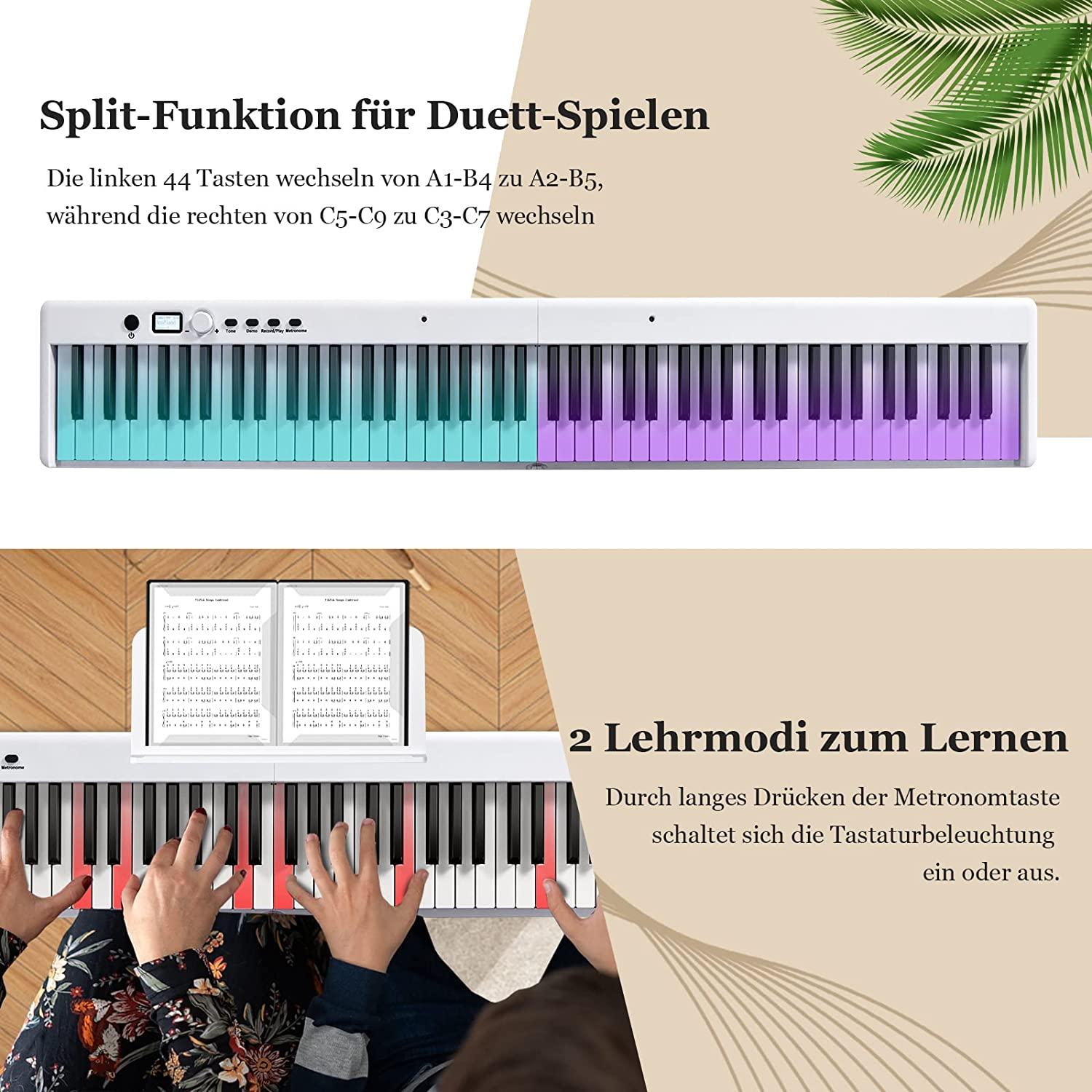 Weißes Digitalpiano mit beleuchteten Tasten, zwei spielenden Händen und Noten.