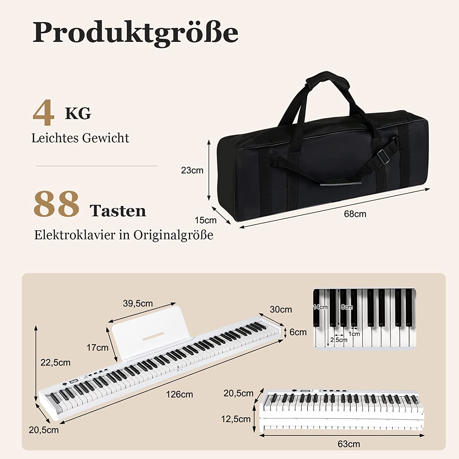 Diagramm eines E-Pianos mit Maßen, eine schwarze Tragetasche.