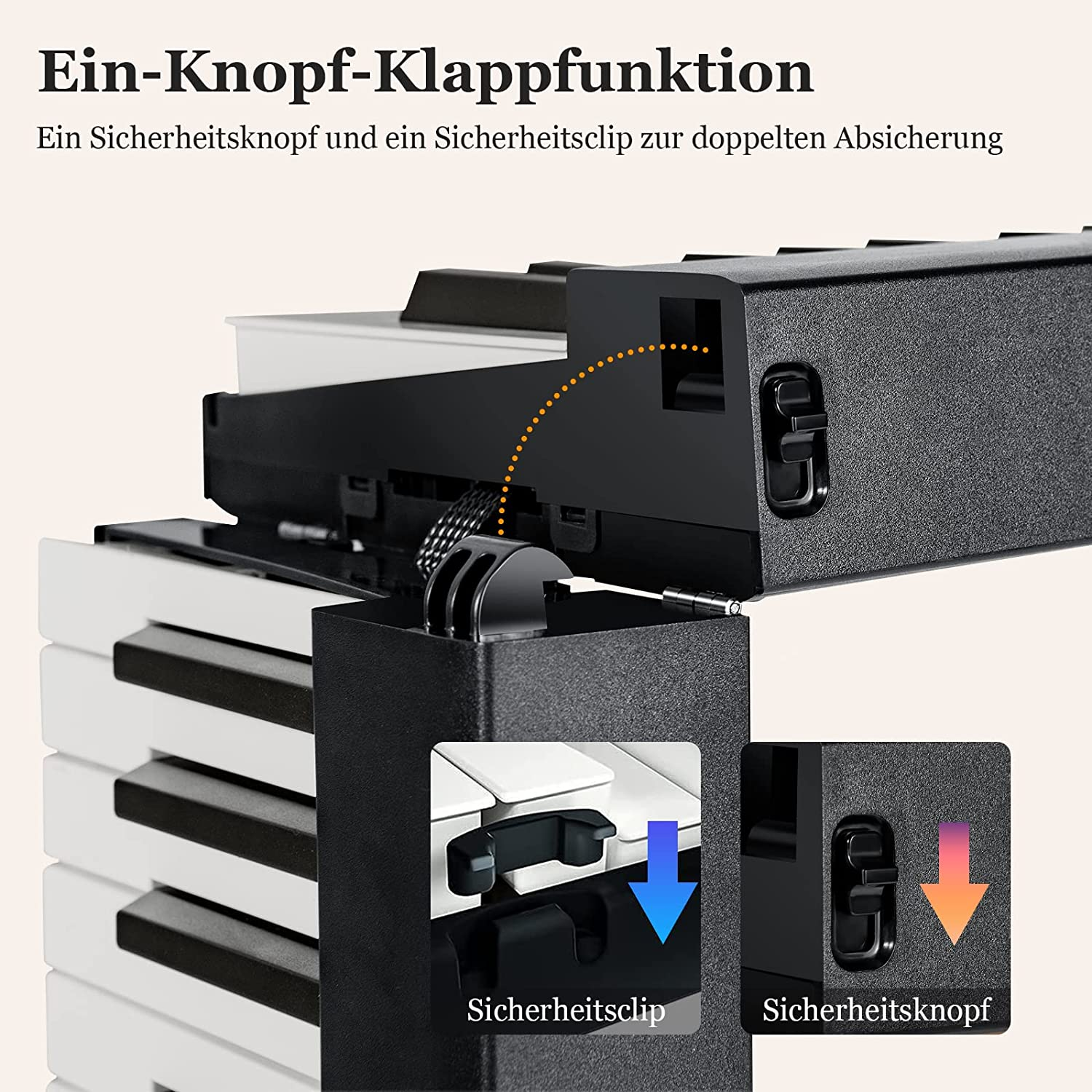 Nahaufnahme des Klappmechanismus eines Klaviers mit Sicherheitsclip und Knopf.