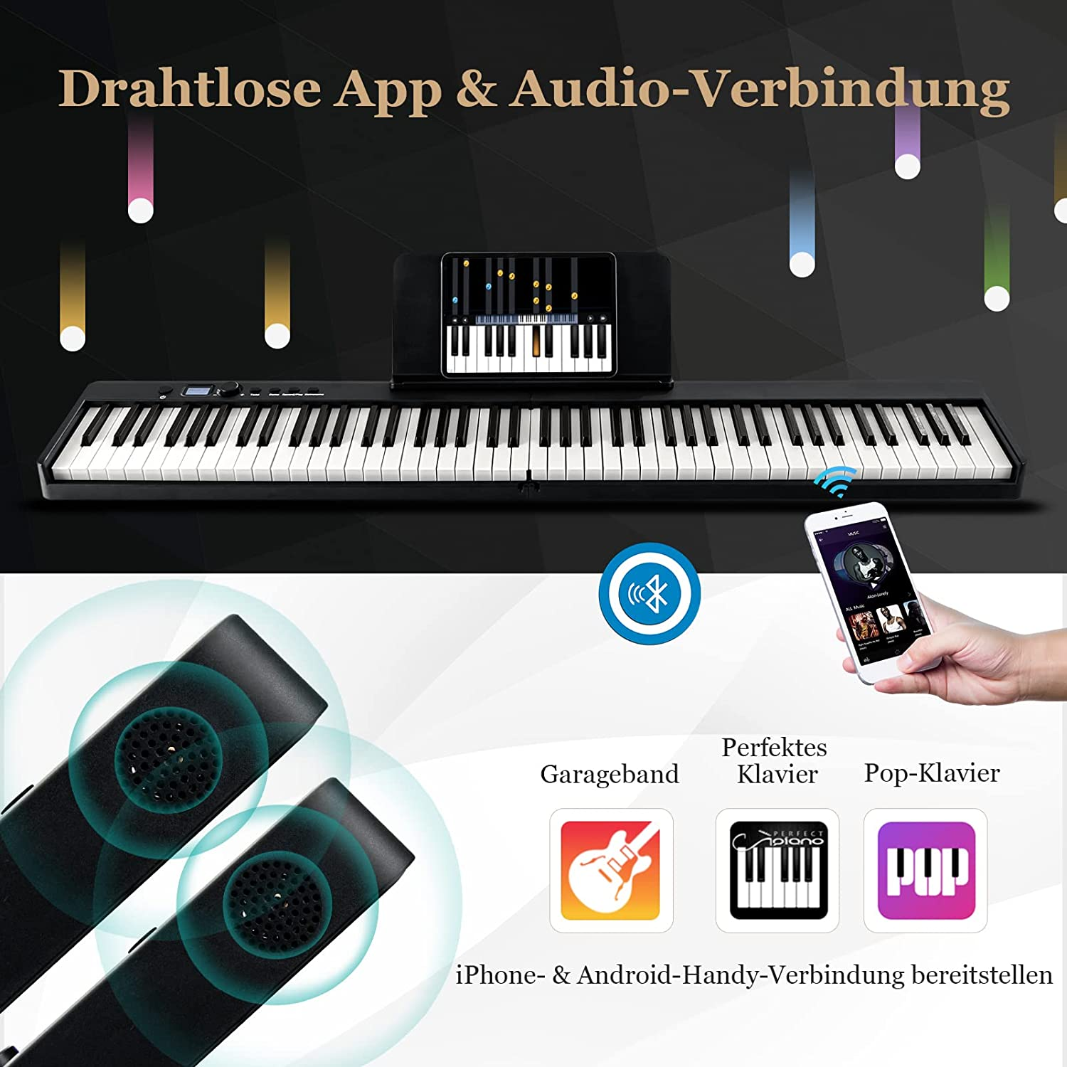 Eine Produktanzeige mit Klavier und Lautsprechern, ein Telefon zeigt die Musik-App und Symbole sind vorhanden.