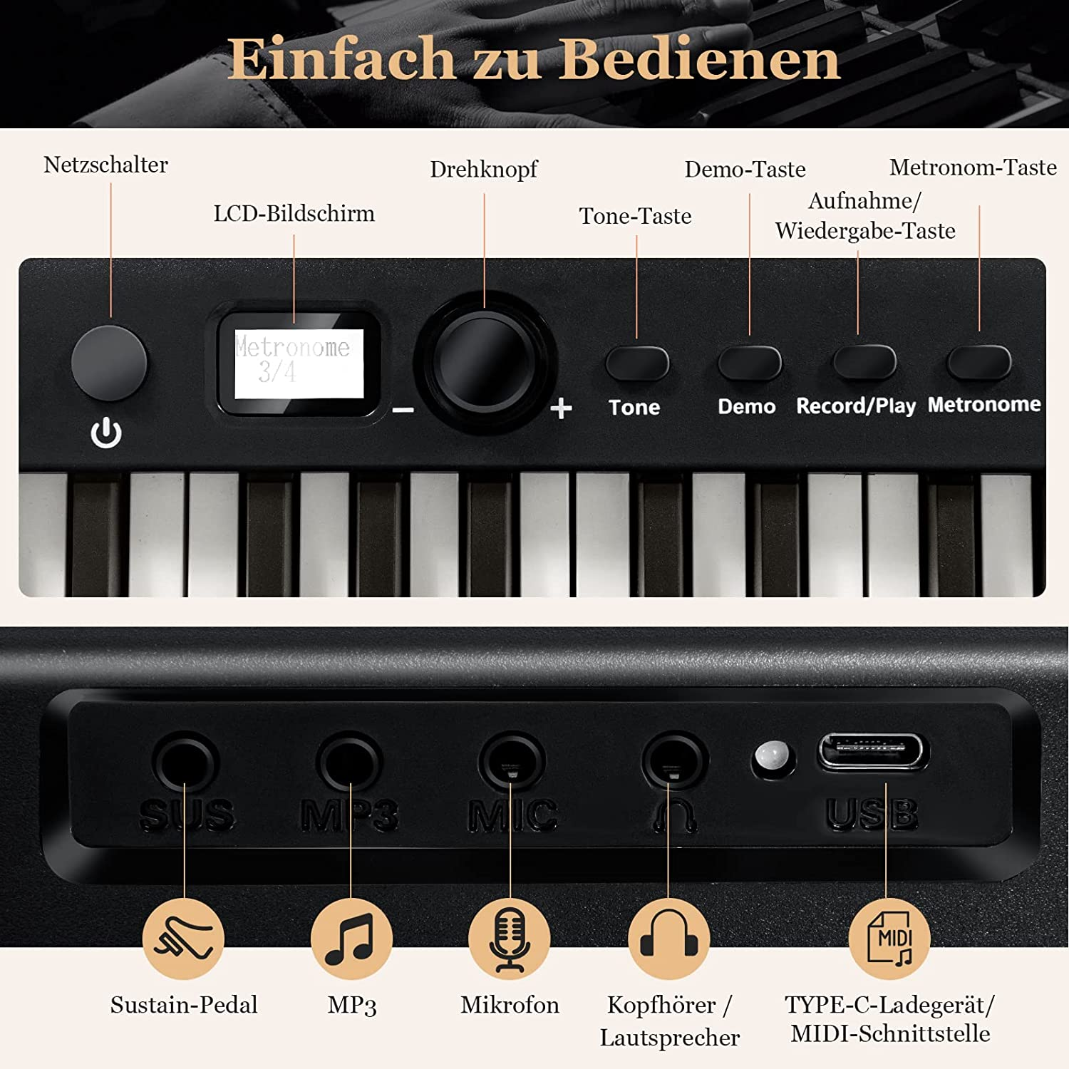 Schwarze Tastatur mit Tasten, Knöpfen und einem kleinen LCD-Bildschirm. Der Text enthält 'Demo', 'Record' und 'Metronom'.