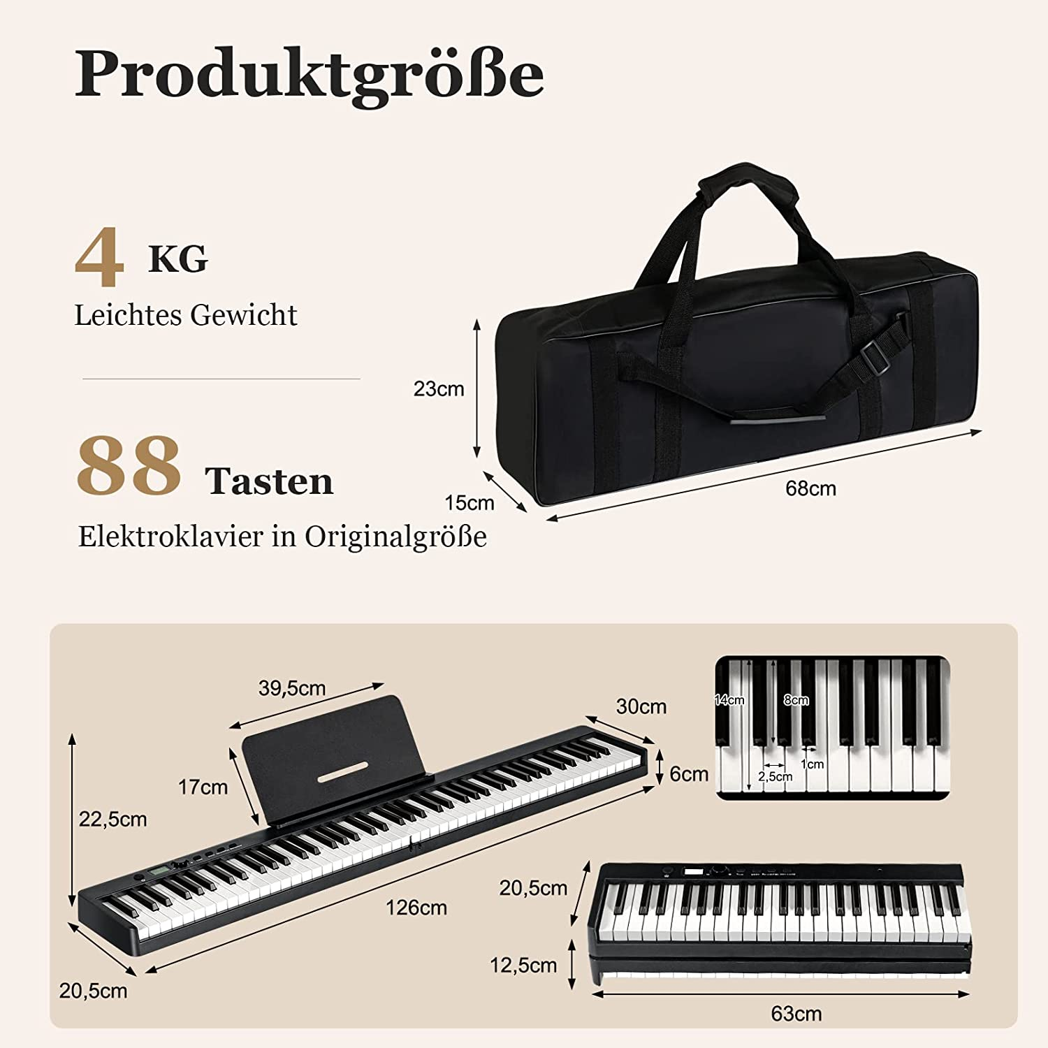 Klavier mit Tasten und Abmessungen. Eine schwarze Tragetasche liegt oben. Text und Maße.