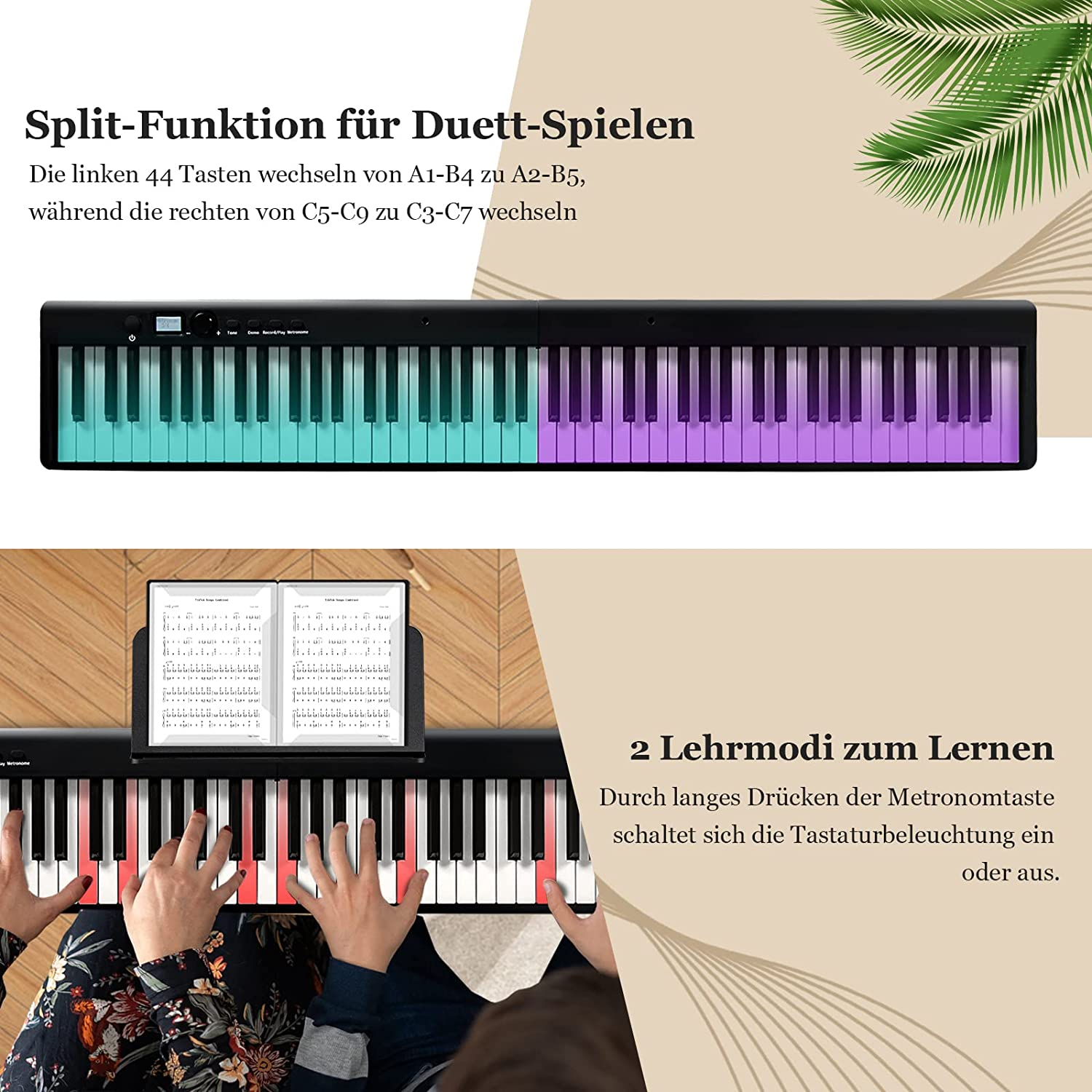 Klaviatur mit Split-Funktion, Hände spielen und Noten werden angezeigt.