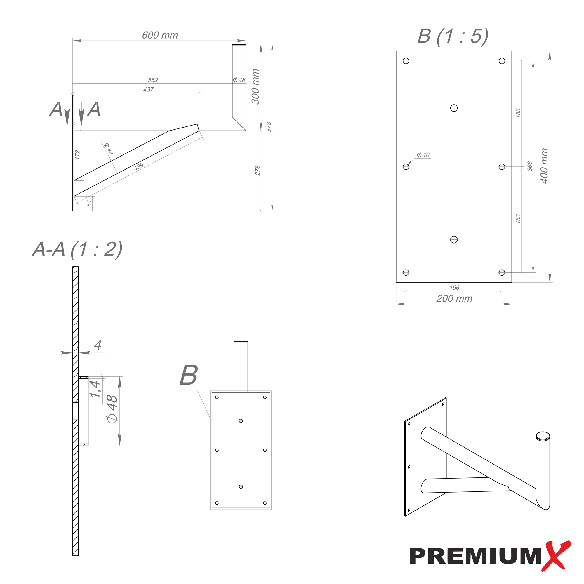 Technische Zeichnungen einer Metallhalterung, mit Maßangaben und Ansichten, mit PremiumX-Logo.
