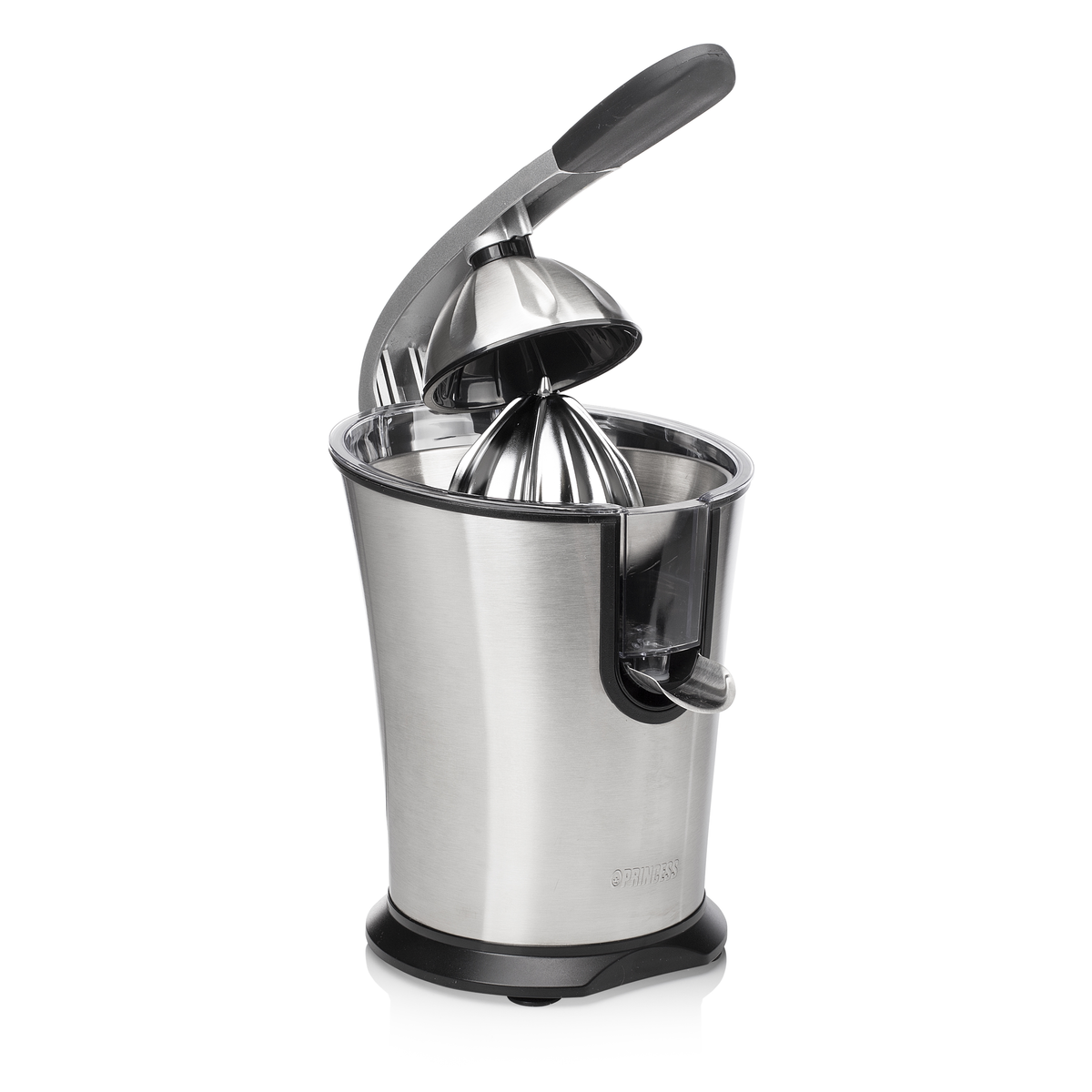 Wyciśkarka do cytrusów ze stali nierdzewnej, otwarta, z czarną podstawą. Białe tło.