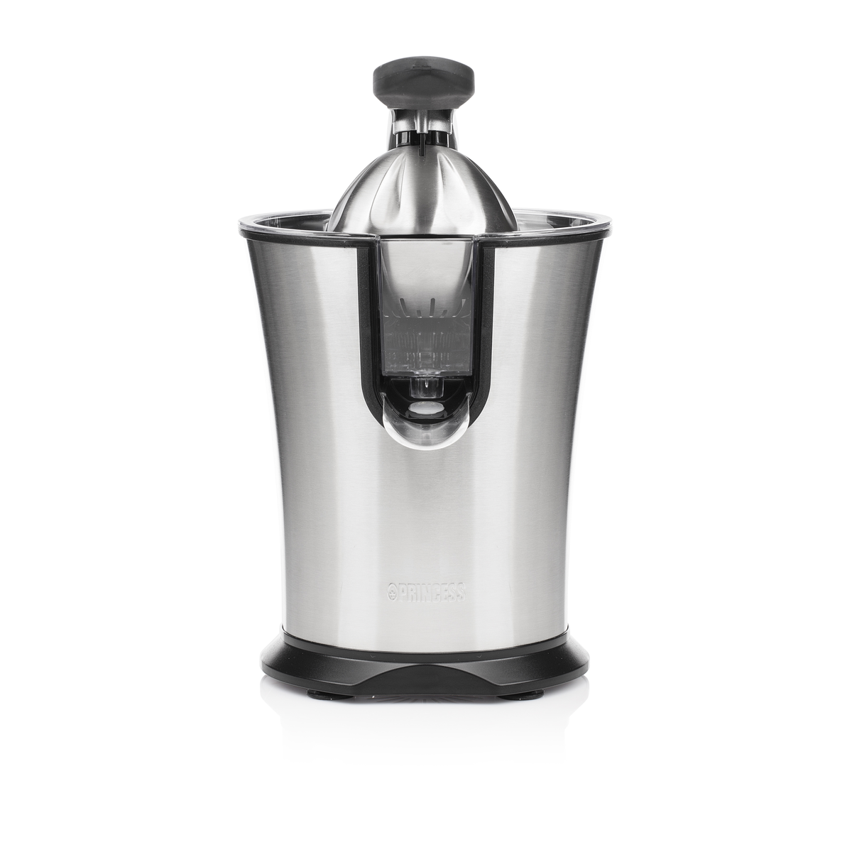 Wyiskacz do cytrusów ze stali nierdzewnej. Jest na białym tle.