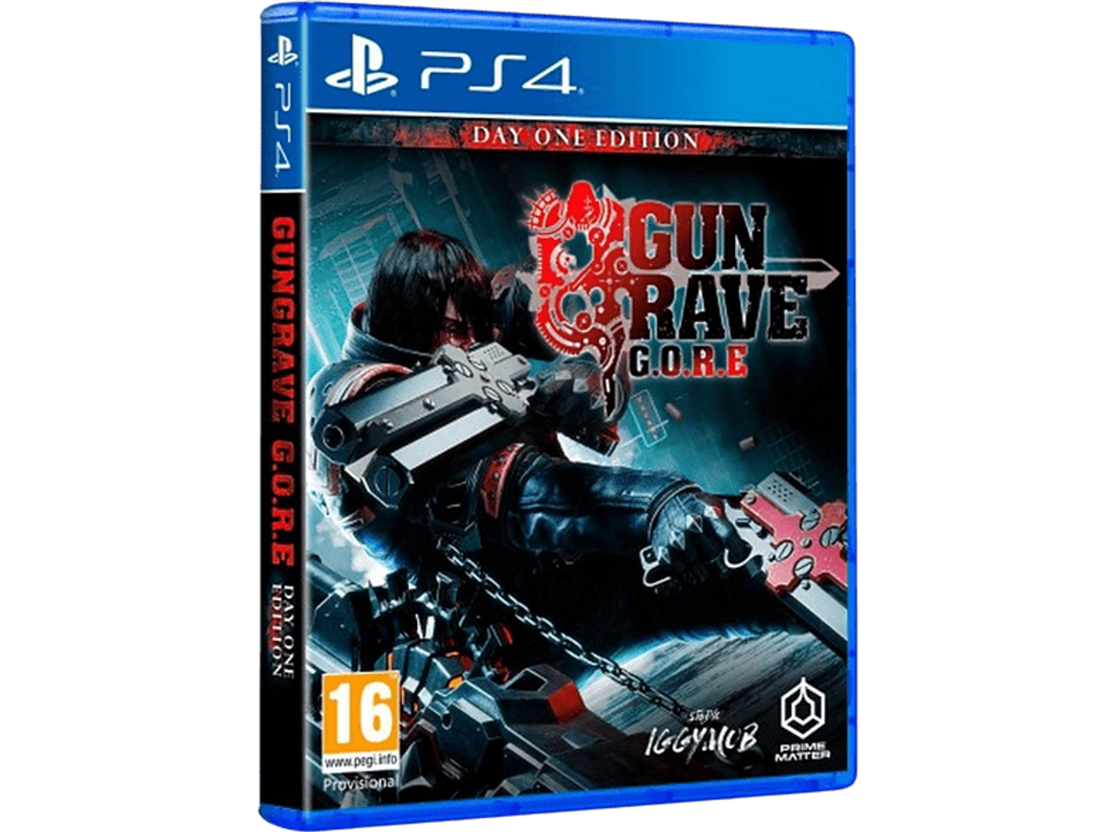 Una caja de juego de PS4, GunGrave G.O.R.E, con un personaje y arma.