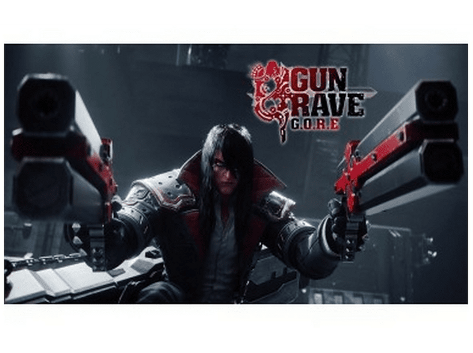 Hombre con armas del juego Gunrave. Tonos rojos y grises, fondo oscuro.