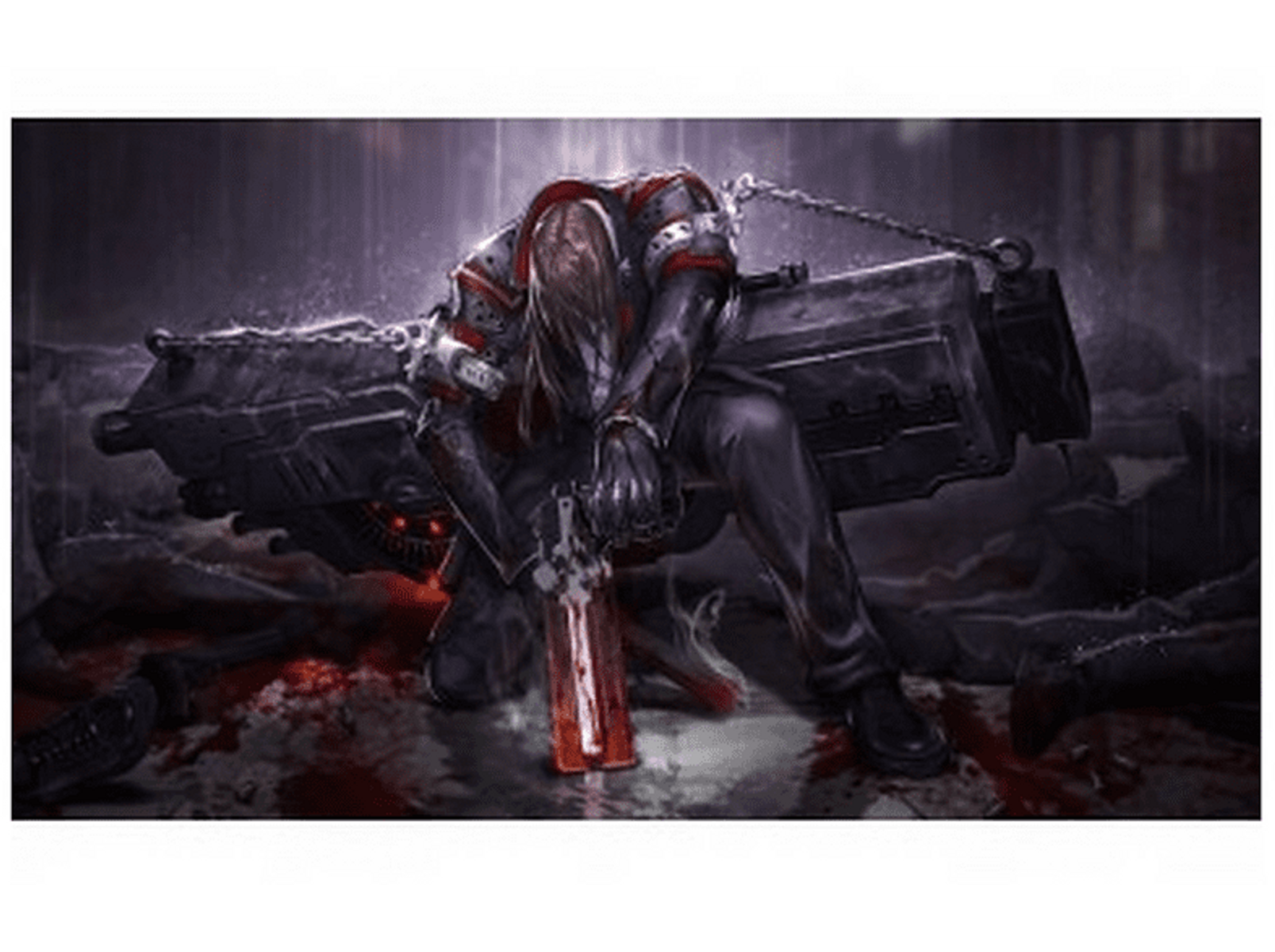 Ilustración de una persona arrodillada, sosteniendo un arma, con una máquina en la espalda. Fondo oscuro.