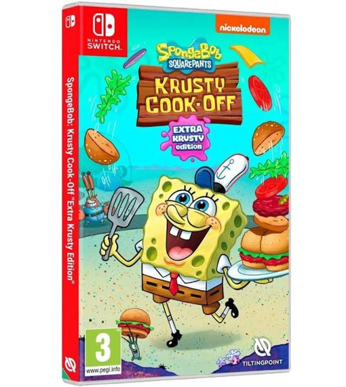 Scatola del videogioco di Spongebob Squarepants. Presenta Spongebob che tiene una spatola e un hamburger.