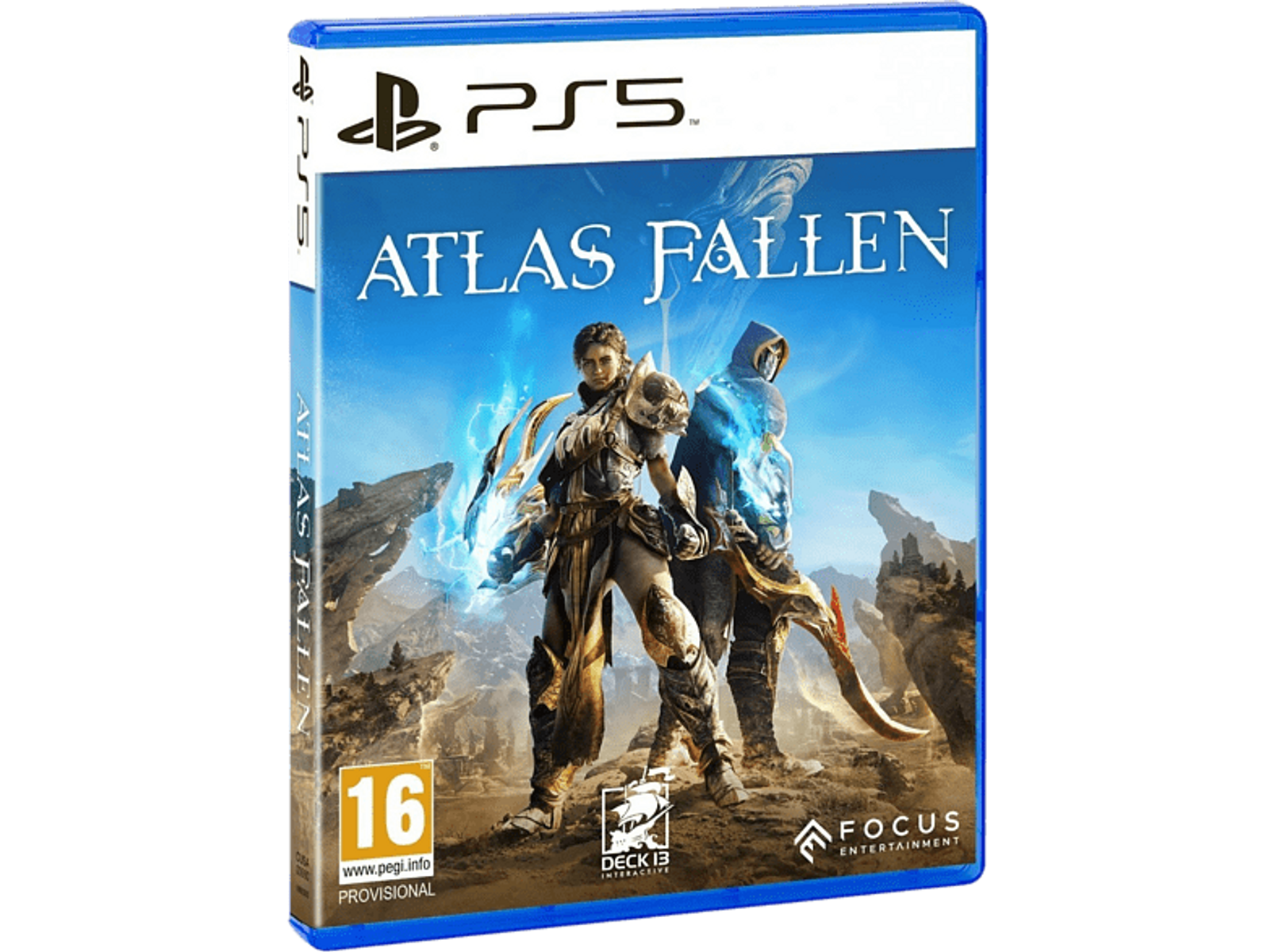 Caja del juego PS5: Atlas Fallen. Un hombre y una mujer con armas están en la portada.