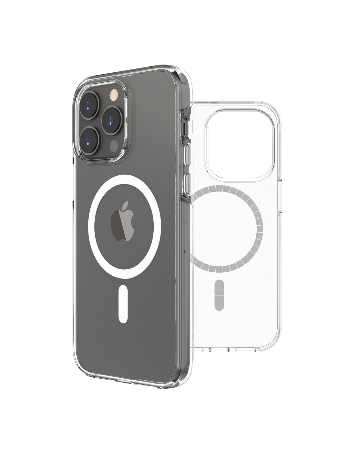 Funda transparente para teléfono con un círculo MagSafe y un símbolo negativo en la parte posterior. Fondo blanco.