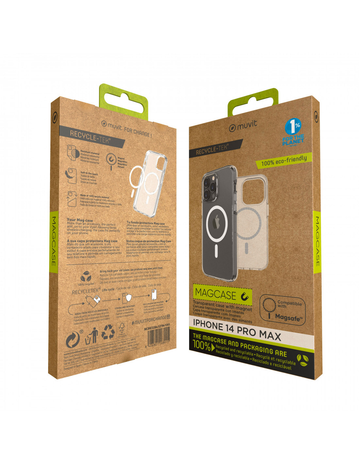 Dos cajas de fundas para teléfonos, compatibles con MagSafe, marrón y verde. Una funda es visible al frente. Embalaje ecológico.