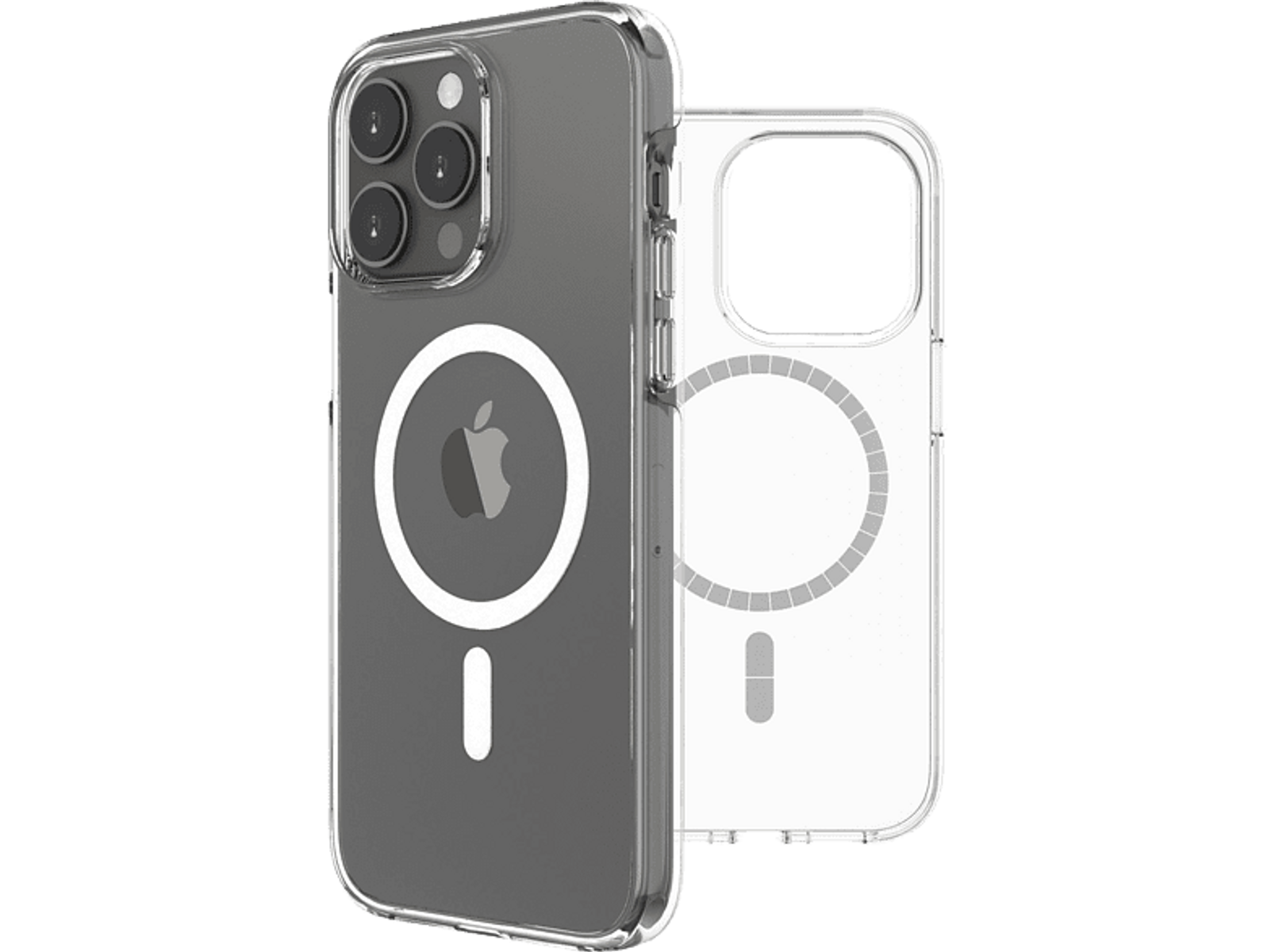 Funda para iPhone con un círculo MagSafe blanco y una parte trasera transparente, que revela el teléfono.
