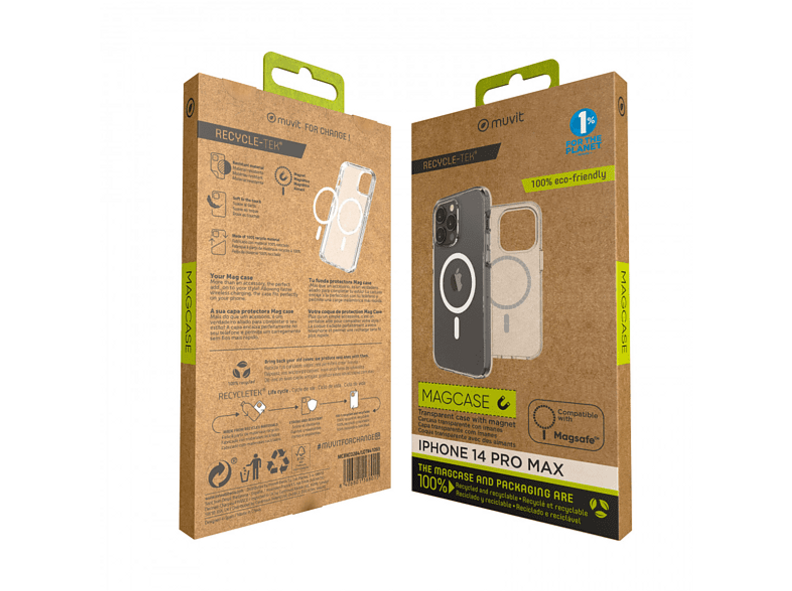 Caja de dos partes para funda iPhone 14 Pro Max. La caja tiene texto e imágenes, asa verde.