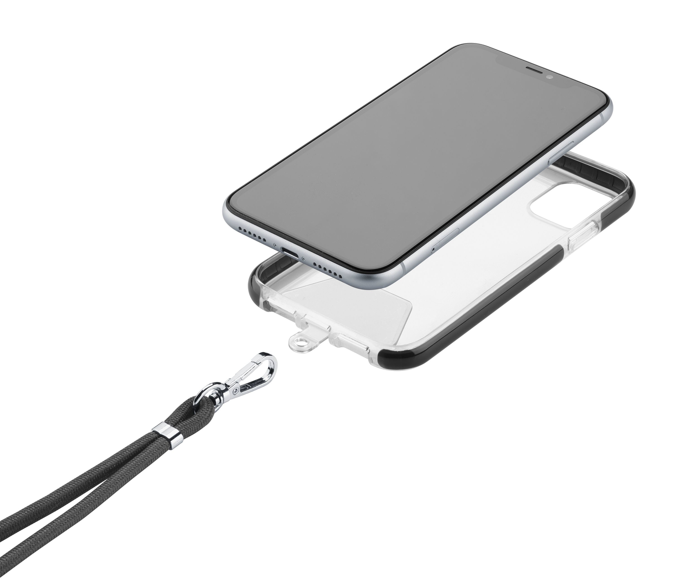 Telefon mit Displayschutz, Hülle und Lanyard auf weißem Hintergrund.