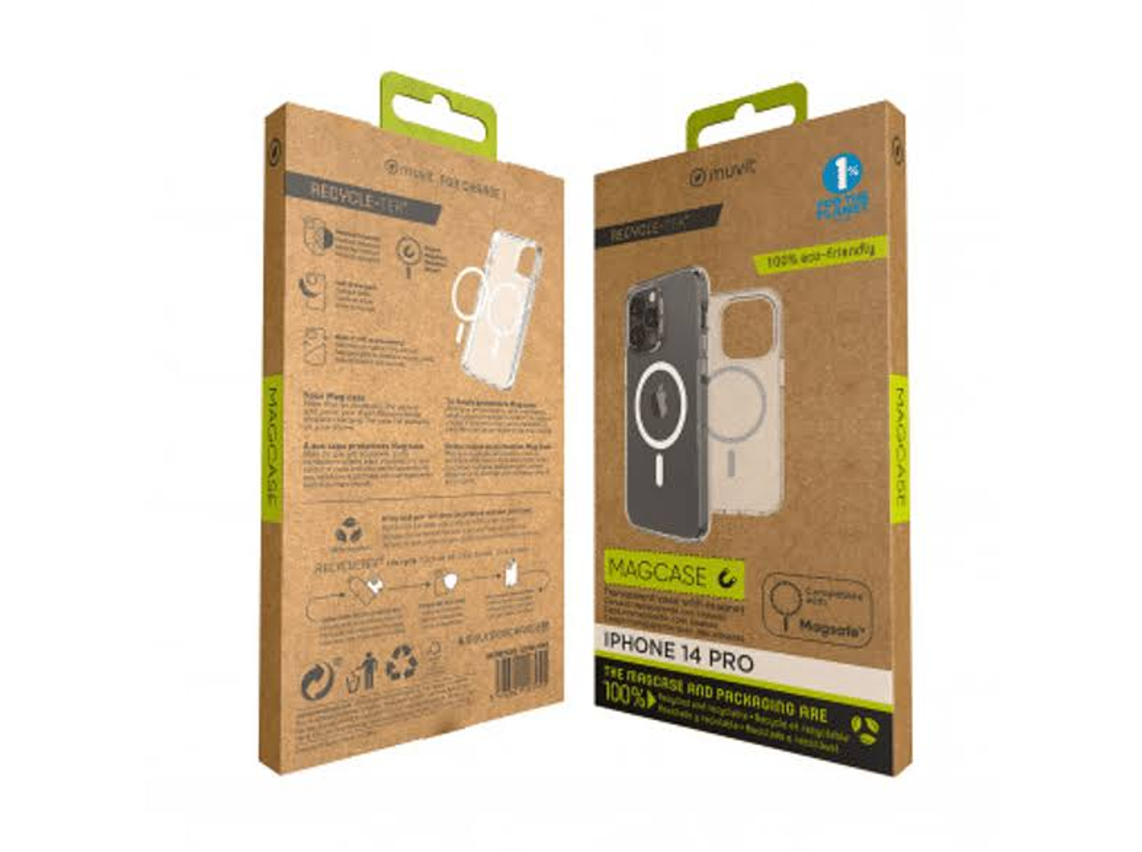 Dos cajas de cartón marrón con fundas para teléfonos dentro. Una muestra la parte trasera, la otra la delantera.