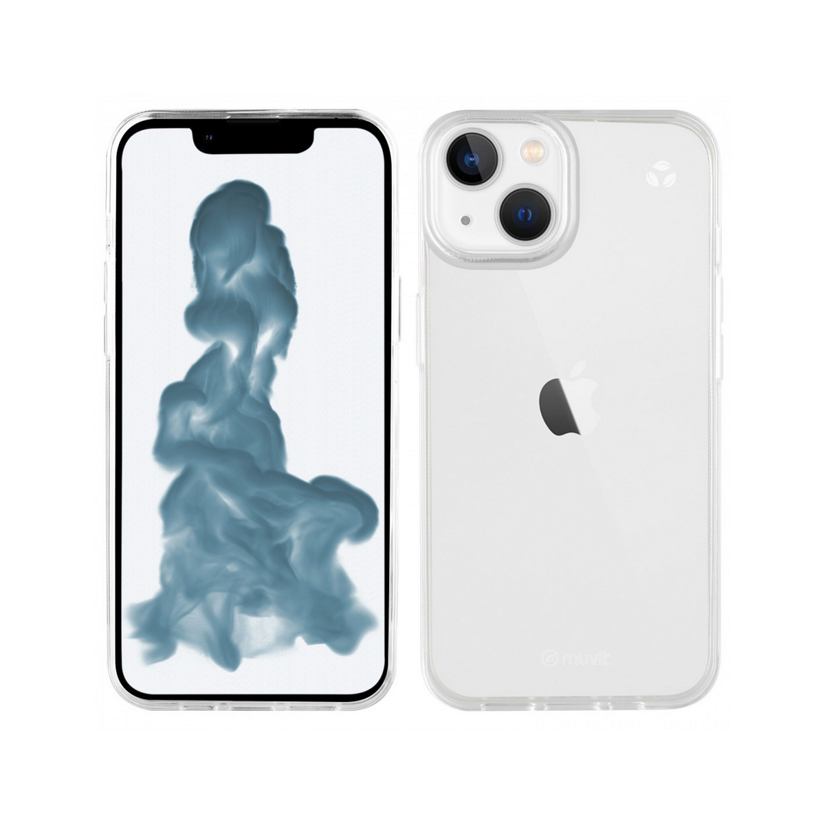 iPhone con fondo azul tipo acuarela y funda transparente.