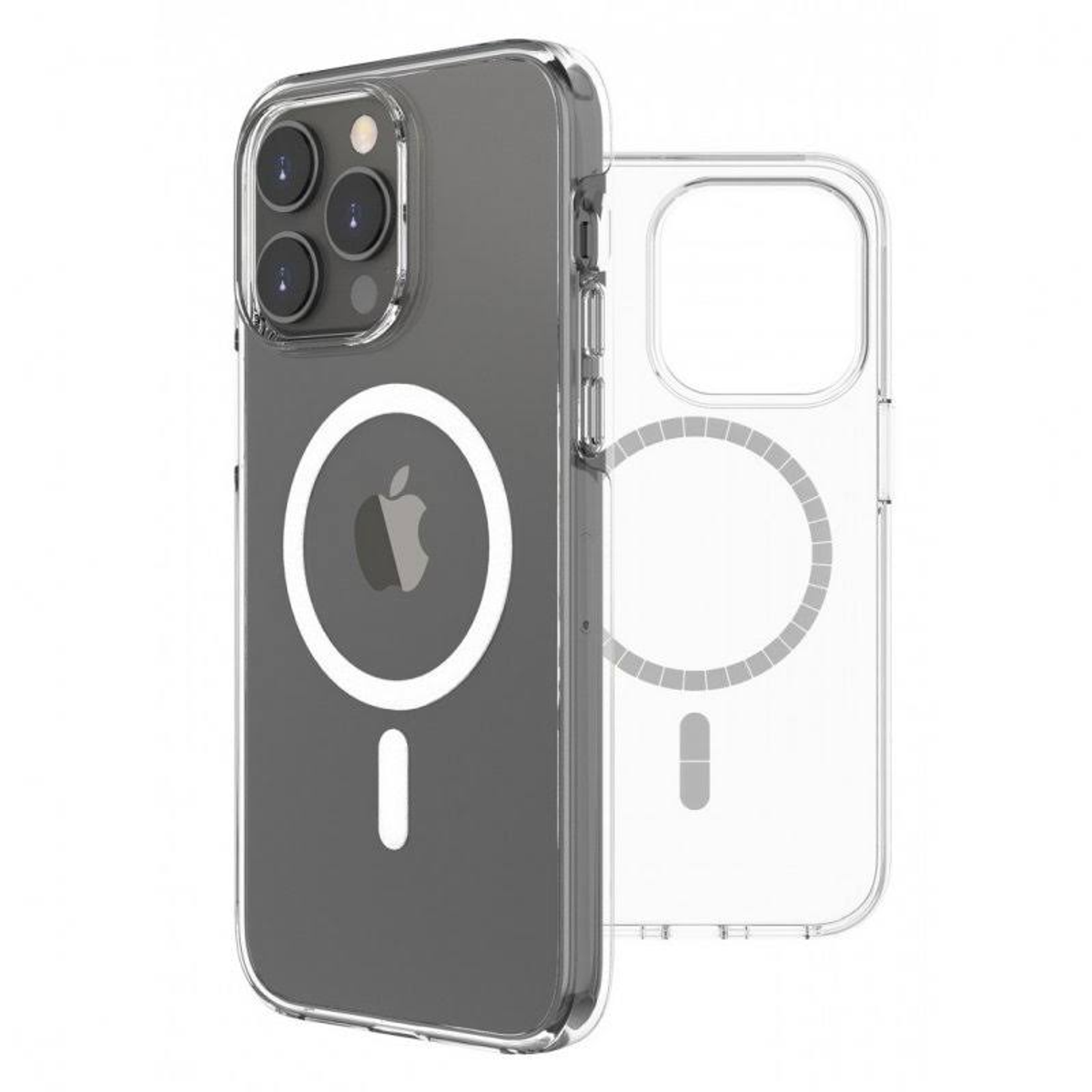 Funda transparente para teléfono con logo blanco de Apple sobre un teléfono negro.