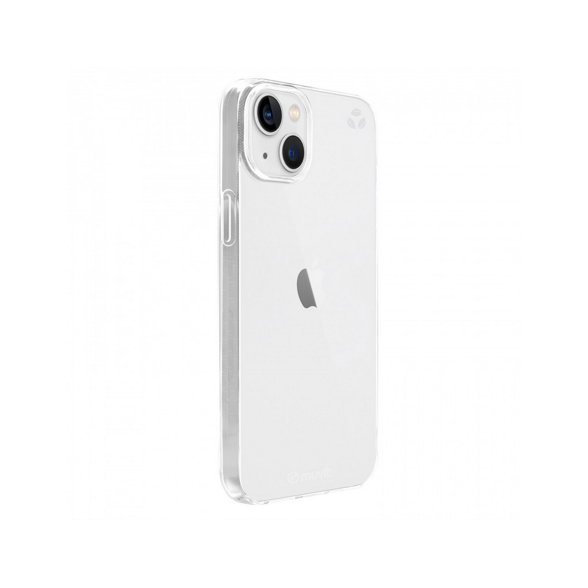 Funda transparente para iPhone con un teléfono dentro, vista en ángulo.