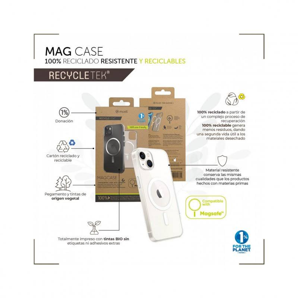 Una caja con una funda para teléfono y las palabras 'MAG CASE'. Muestra información sobre ser reciclado, resistente y reciclable.