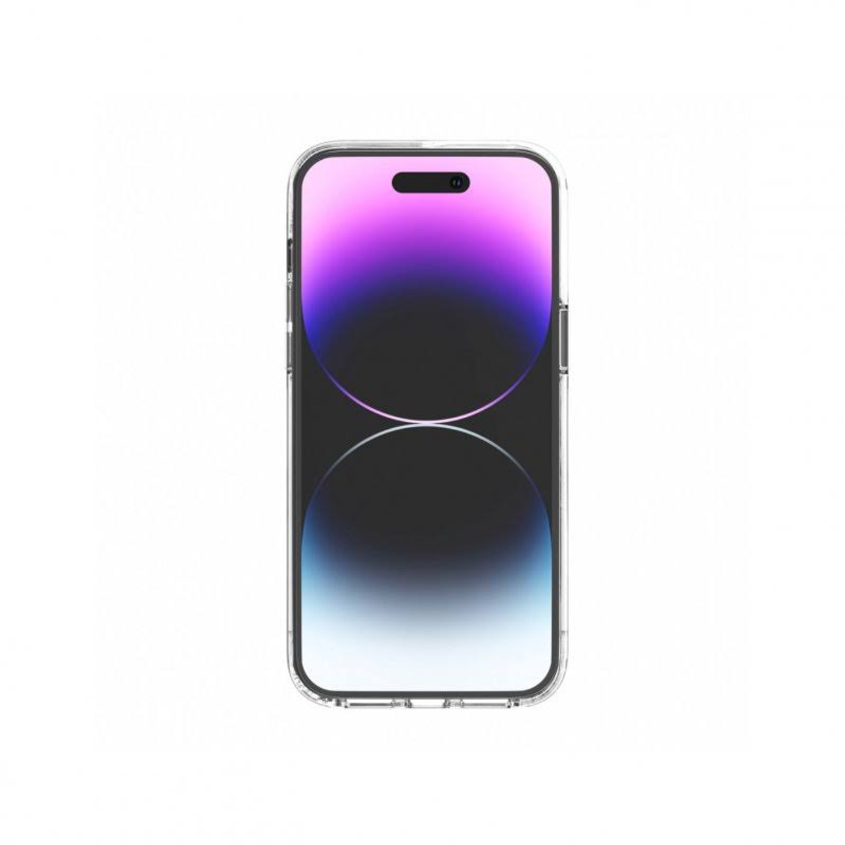 iPhone en una funda transparente, pantalla muestra gradientes púrpuras y azules. La cámara es visible.