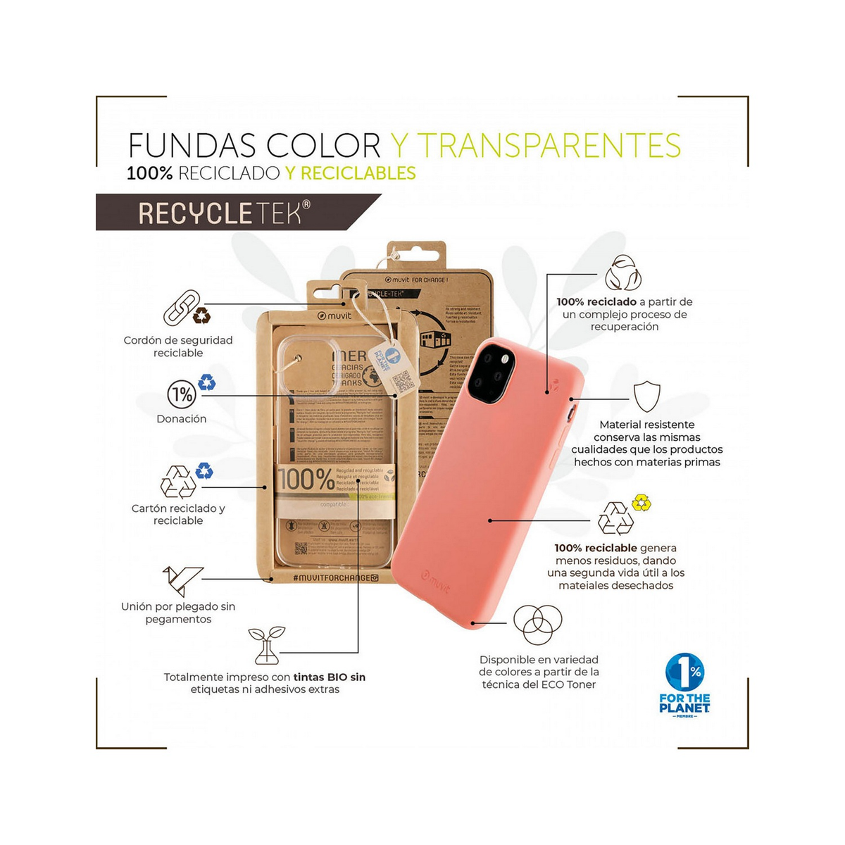 Una funda de teléfono rosa con símbolos de reciclaje, información del producto y texto sobre fondo blanco.