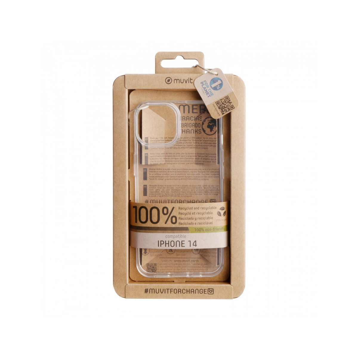 Una funda de teléfono transparente en una caja de cartón con detalles del producto y marca sobre fondo blanco.